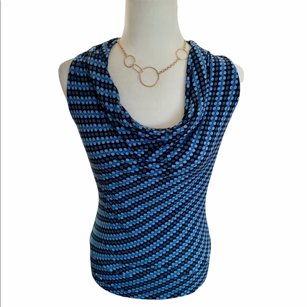 Michael Kors blue polka dot cowl neck top. Sz XS.